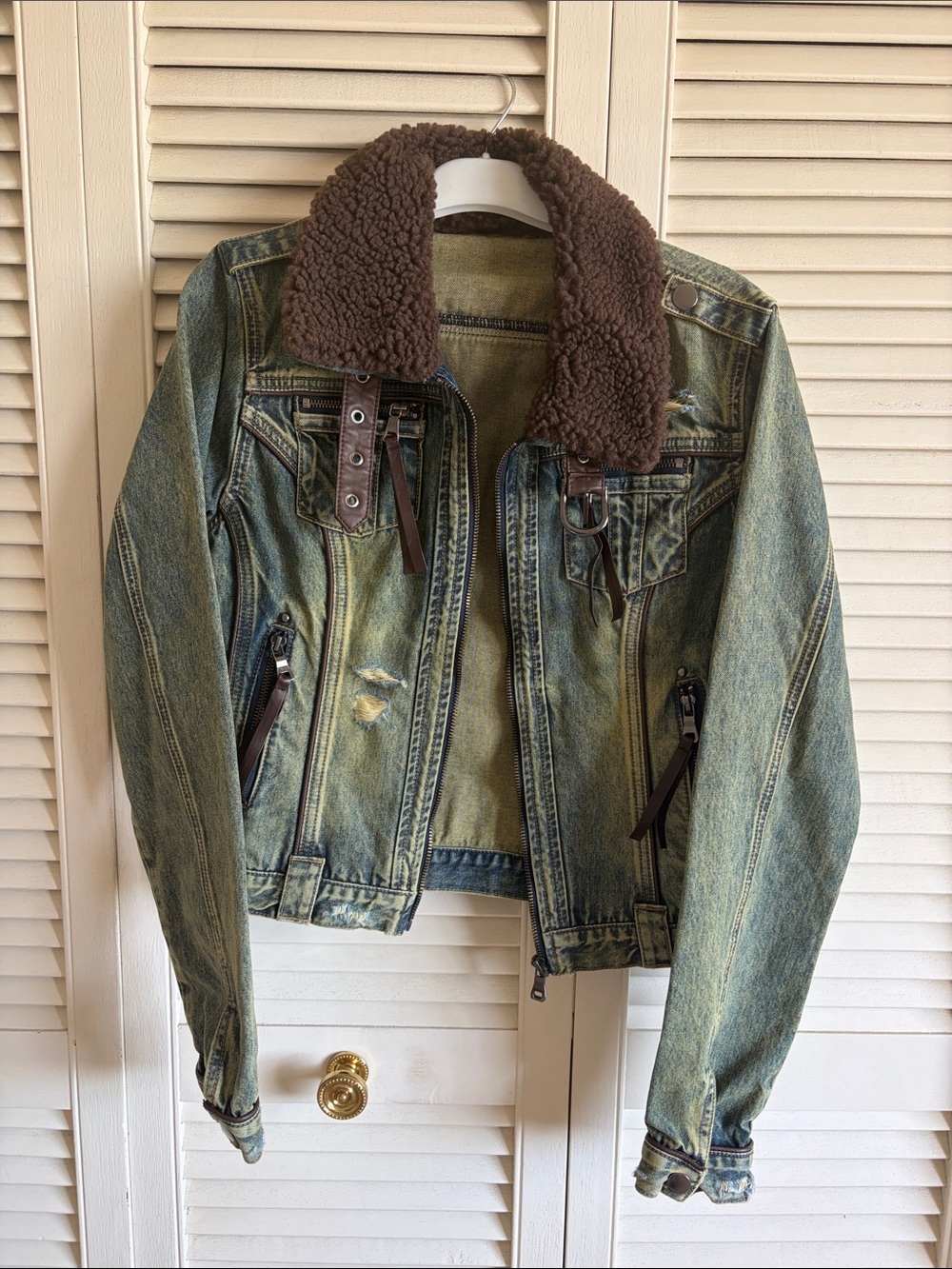 Dolls Kill Distressed Washed Denim Jacket with Brown Sherpa Collar